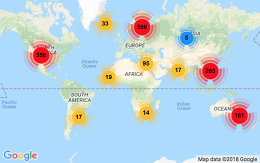Distribution of participant geolocation. There are 1570 registered participants from 84 unique countries. The majority of contributors are from Europe, North America, China and Australia.
