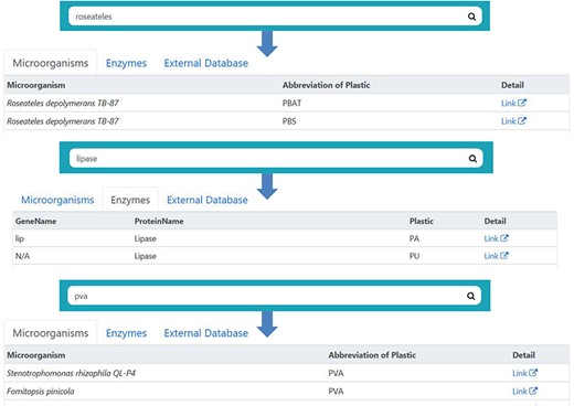 The search bar on the PMBD website. A search bar is provided for the users to access desired data. The search bar has a simple design, while the search results are grouped into microorganisms, enzymes and external database categories. The users may access the data in a specific category by pressing the corresponding button.