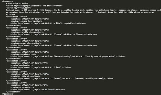 Annotated recipe from ‘Appetizers and snacks’ category presented in the BioC format. For the recipe presented in this figure, all the extracted food concepts are presented, along with their respective semantic tags and their location in the raw recipe text.