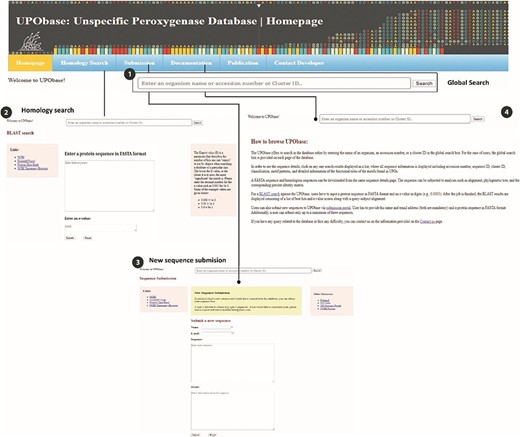 An overview of the utilities of UPObase. (1) A global search box displayed at every page of the database to allow browsing convenient; (2) BLAST search feature where a user can enter any sequence and find homologous sequences corresponding to the input; (3) a new sequence submission portal; and (4) documentation page for help.