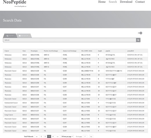 Search result example of ‘fuzzy search’. When the keyword ‘KRAS’ was searched, 76 entries were returned.