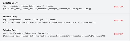Example of the key-value filters needed to select triple-negative breast cancer items after using the data search interface to preliminarily select TCGA-BRCA breast items.