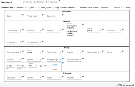 Data search section of the GenoSurf Web interface, highlighting attributes within the four dimensions of the repository core schema; values are entered by users and appear in drop-down menus for easing their selection.