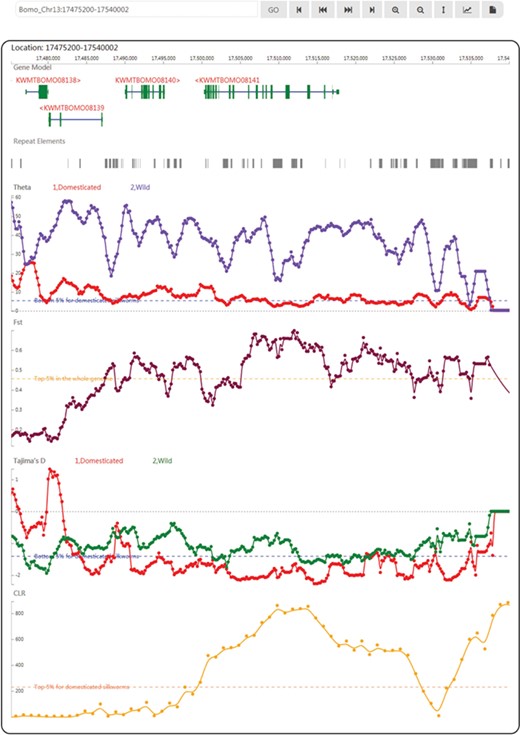 A snapshot of the genome browser of SGID with KWMTBOMO08141 in the center. Below are tracks of population genetics test results.