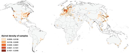 Map of the geographic distribution of genome screening experiments using the first author affiliation location proxy, derived from 3240 publications registered in the Progenetix database, including 104 543 genomic array, 36 766 cCGH and 15 409 whole genome/exome-based cancer genome profiles. The map is rendered in the Goode Homolosine Land equal area projection (kernel density per square kilometer).