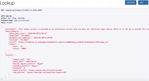 Screenshot of an API request and its JSON response for a coordinate pair and a query radius of 4000 m.