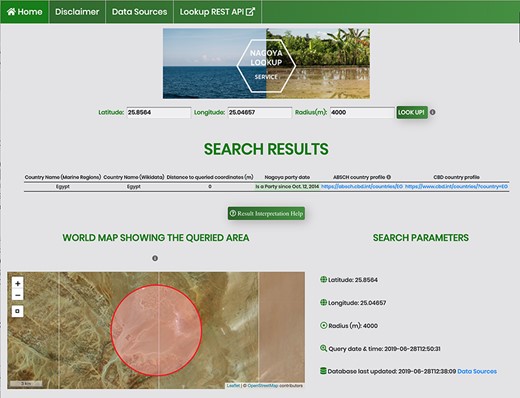 Screenshot of an API request using the HTML form for a coordinate pair and a query radius of 4000 m.