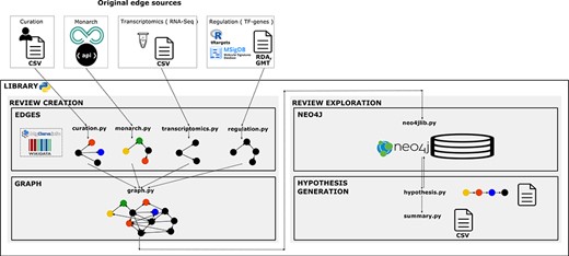 Library architecture. Architecture of the system based on four components. The edges component contains libraries with functions to collect, normalize and format the information and data resources we want to integrate as individual networks. The graph component contains functions to integrate and create the knowledge graph. The Neo4j component contains the module to import the graph into Neo4j. Finally, the hypothesis-generation component contains the modules to query the graph, structure the resulting semantic paths and extract summaries to analyse connections and the evidence.