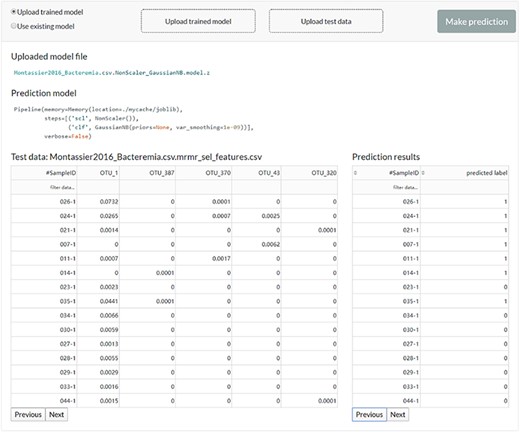 The web server interface for the users to reuse the existing model or upload a previously trained model to make predictions.