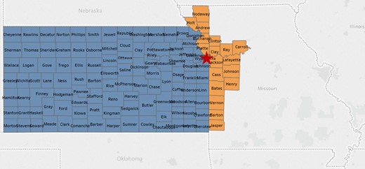 The University of Kansas Cancer Center catchment area. The red star designates the location of the University of Kansas Medical Center in Kansas City, Kansas, Wyandotte County.