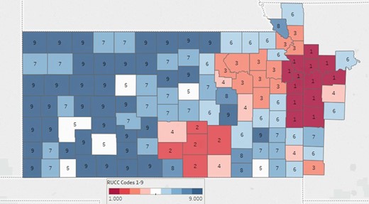 The University of Kansas Cancer Center Catchment Area. Color coding classifies counties by population density. Urban (150.0 persons per square mile (ppsm) or more), semi-urban (40–149.9 ppsm), densely settled rural (20–39.9 ppsm), rural (6–19.9 ppsm) and frontier (<6 ppsm).