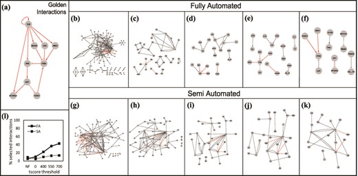 (a) The golden set of interactions from (27). The gray box in the right-hand corner shows the number of golden interactions present in each set in red. Interactions obtained using the Fully Automated (FA) approach: (b) unfiltered, (c) filtered without thresholds, (d) tscore > 400, (e) tscore > 550, (f) tscore > 700. Interactions obtained using the Semi Automated (SA) approach: (g) unfiltered, (h) filtered, no thresholds, (i) tscore > 400, (j) tscore > 550, (k) tscore > 700. (l) Comparison of the two approaches: % of selected interactions in each approach as a function of a tscore threshold.