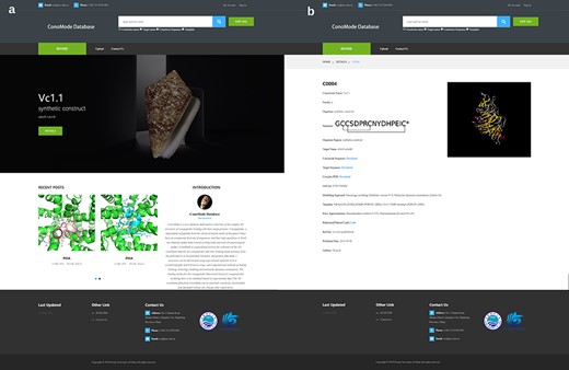 Screenshot of ConoMode website. (a) Interface of the ConoMode database. (b) Detailed page of Vc1.1-α9α9.