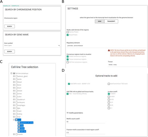 CONREL interface. (A) Search tab allows to select a specific genomic region or a gene name. Input tabs allow for the selection of source peak data and types of CRE to be displayed (B) using, when needed, also a cell line selection tree when activated (C) and TBA statistical filters (D).