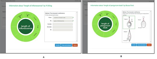 Character information consists of measurement method, unit, creator, usage and history information in Measurement Recorder. (A) The Method form is used to enter or display a definition for the character. (B) Alternatively, if available in the system ontology, an image is displayed to illustrate how the measurement is done.