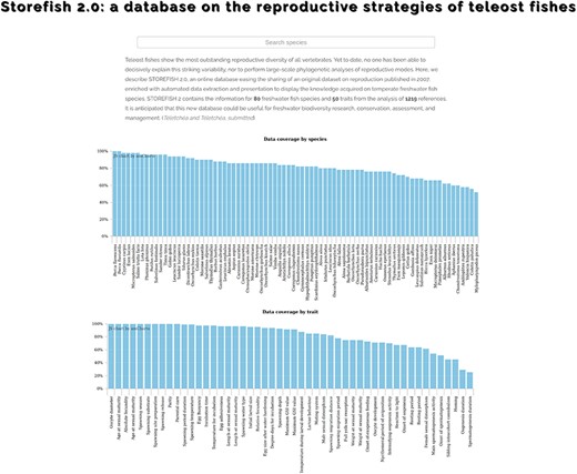 STOREFISH home page. Accessible data are available by species, traits or by reference. A search-as-you-type box allows to rapidly find a species of interest.