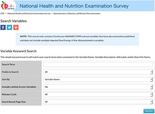 NHANES variable search landing page.