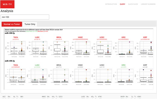 User query interface of miR-TV. First, users must enter the miRNA gene name in the query field. Once the miRNA is selected, both 5p- and 3p-arm expression box plot graphs of the selected miRNA in different cancer types are displayed in the main working window, and users can browse through their expression patterns by scrolling to the right side. Red labels indicate cancer tissues with a P-value < 0.01, and green labels indicate those with a P-value < 0.05. Several cancer types contain only tumor tissue samples (i.e. no normal counterparts); therefore, they are listed in the Tumor Only tab page.
