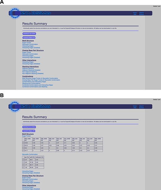The RNA CoSSMos results summary page (A) collapsed and (B) expanded for ‘Sugar Pucker’ and ‘Glycosidic Conformation’.