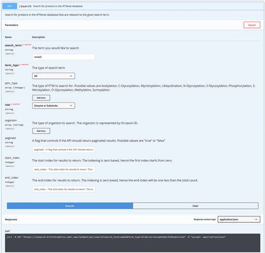 Performing a search with API using Swagger UI. iPTMnet API documentation for the ‘/search’ endpoint. The Swagger UI provides a webpage for users to explore the API in an interactive manner. Users can enter various query parameters and execute the query to obtain the results. The webpage also generates a cURL command (illustrated) that can be executed in a command-line shell to query the API and obtain the results.