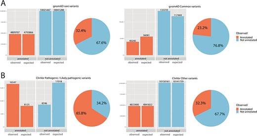 Chi-square statistics. From observed (real) data, we were able to calculate the expected data distribution. The difference between the two columns (observed vs. expected) is proportional to the dependence of the data and accordingly statistical significance. The difference is also proportional to the odds ratio. The pie chart is calculated from observed (real) data only. (A) For rare variants, 32% were annotated, while only 23% of common variants fall onto a conserved protein domain. The results show the dependence of distribution, and the difference was evaluated as significant with P < 0.01 and odds ratio of 1.59. (B) For ClinVar, the difference was even more obvious: 66% of pathogenic/likely pathogenic variants were annotated, while only 32% of other ClinVar variants fall onto a domain. The results show the dependence of distribution, and the difference was evaluated as significant with P < 0.01 and odds ratio of 4.04.