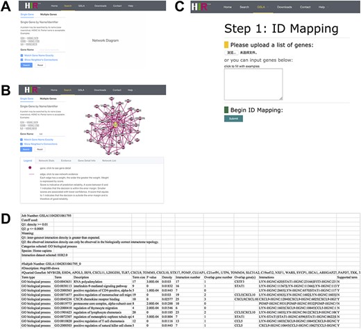 Interface of the HIR V2 and GSLA. (A) Two search options in the HIR V2. (B) Search result page. A right click on the edge will show the interaction details. (C) Interface of the GSLA. (D) Results of a GSLA task.