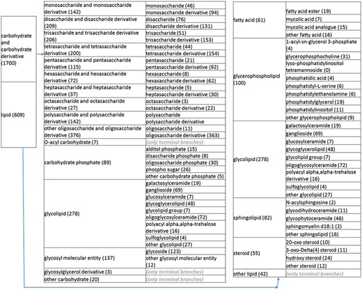 (b) A high-level breakdown of the carbohydrate and carbohydrate derivative, and lipid branches of structure tree. Both of these are children of ‘organic molecular entity’. Some of these are terminal branches, while others are subdivided into more specific structures for greater specificity. The number of entries per level is indicated at the end of each branch’s label.