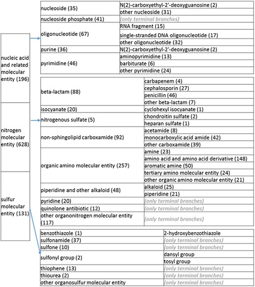 (c) A high-level breakdown of the nucleic acid and related molecular entity, nitrogen molecular entity, sulfur molecular entity, nitrogen molecular entity, sulfur molecular entity branches of the structure tree. All of these are the children of ‘organic molecular entity’ Some of these are terminal branches, while others are subdivided into more specific structures for greater specificity. The number of entries per level is indicated at the end of each branch’s label.