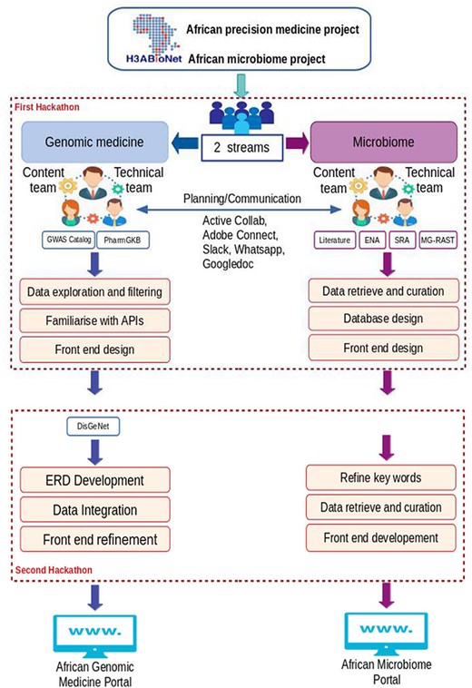Main hackathons’ goals and components, including communication platforms.