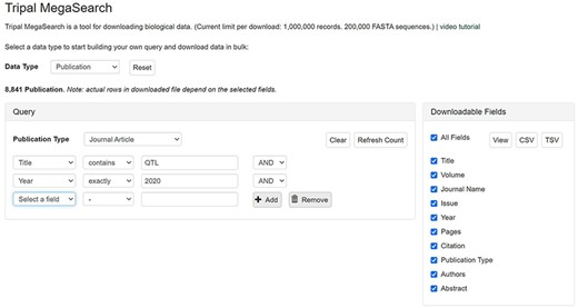 An example interface of flexible dynamic query forms of Tripal MegaSearch. The filters, pre-populated with values mapped to the underlying data source columns, can be added dynamically in this type of interface.