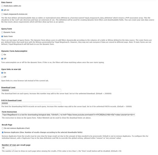 The Tripal MegaSearch Administration page that supports configuration of various settings.