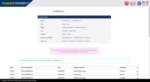 MUSTARD homepage showcasing the different search query formats that can be used.