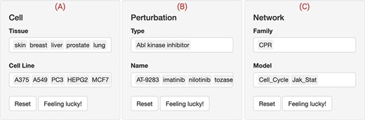 The web interface input panel. The interface contains a main input panel which is divided into three parts. (A) Cell is to choose the tissue and cellular context where the drug perturbations would be shown. (B) Perturbation allows for searching and selecting the type (mechanism of action) and name of the drugs of interest. (C) Network lists the available biological networks to be scored classified into multiple families. Multiple choices, resting and selecting a few entries at random are allowed. In this use case, five ‘Abl kinase inhibitors’ (‘AT-9283, imatinib, nilotinib, tozasertib and ZM-306 416’) were selected to check whether they perturb the cell proliferation (‘CPR’) through the ‘cell cycle’ and ‘Jak-Stat’ biological networks in five (‘A375, A549, PC3, HEPG2 and MCF7’) cancer cell lines.