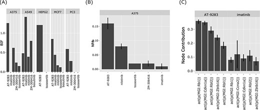 The web interface graphical output. The output of the ‘Abl kinase inhibitors’ on the CPR networks in five cancer cell lines (as selected in Figure 3). (A) BIF of every drug on the CPR networks stratified by the cell line. (B) NPA of every drug on the ‘cell cycle’ biological network in A375. (C) The relative contribution of each node (top five) in the cell cycle network in response to the drug perturbations in A375.