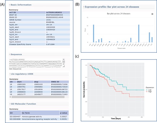 Sample output for searching lncRNA UCA1. (A) Basic genome information for each lncRNAs including genomic information, sequence, potential cis-regulatory elements and GO in the lncExplore database. (B) The average of expression values (FPKM) across 24 diseases were represented by bar charts. (C) Kaplan–Meier plot of lncRNA UCA1 in colon adenocarcinoma was displayed in different colors for two groups (high and low expression), respectively.