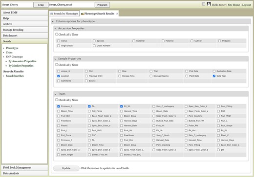 Upper section of the Phenotype search results tab where users can add more columns in the result table.