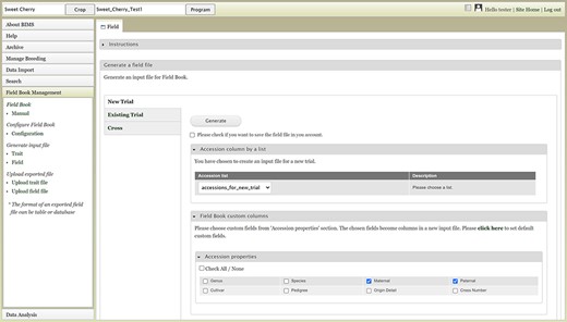 BIMS interface where users can create input files for the Field Book App.