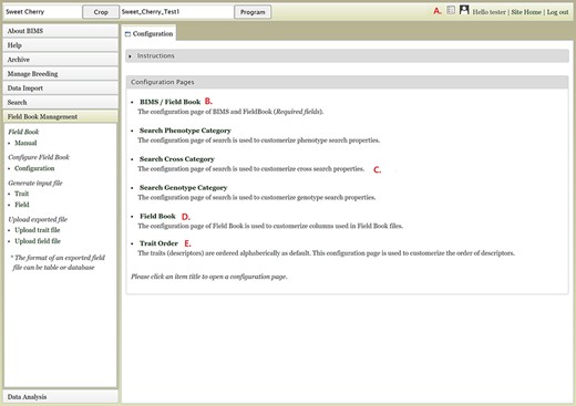 Configuration page of BIMS A. Hyperlink to the configuration page that is shown on top right of each BIMS page. B. BIMS/Field Book link In the configuration page. C. Links to tabs where users can modify the categories in search pages for phenotype, genotype and cross. D. Field Book link in the configuration page where users can choose traits, accession properties, or sample properties to be displayed in the Generate Field Book Input file section. E. Trait Order link in the configuration page.