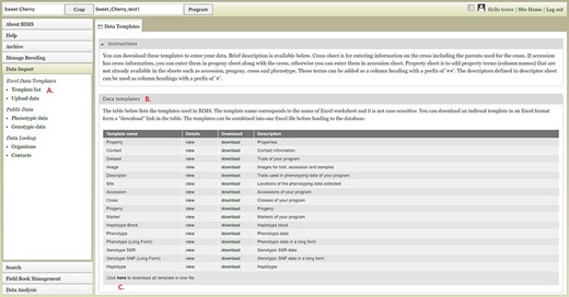 BIMS interface for downloading data templates. A. Template list section under Data Import menu. B. Data templates section that lists all the data templates with hyperlinks to view and download. C. Link where users can also download all the templates as a single Excel file.