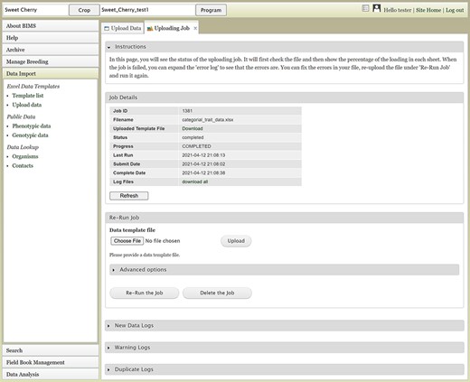 The Uploading Job tab that shows the progress of an uploading job. When the job is completed or failed, the tab displays various logs such as New Data Log, Warning Log, Duplicate Log and Error Log.