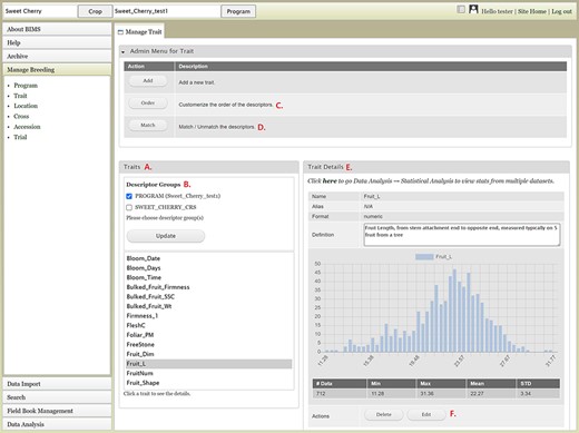 BIMS interface to view, create, or edit data for Trait. A. Trait section in Manage Trait tab where all the traits in the program are listed. B. Descriptor groups section where users can choose one to view the traits that belong to the descriptor. C. Order button under Admin Menu for Traits that opens up a new tab to change the order of trait descriptors in Traits section. D. Match button under Admin Menu for Traits that allows users to merge the same descriptor in different descriptor groups when they represent the same descriptor with the same unit and phenotyping method. E. Trait Details section that shows the details of the trait descriptor along with a graph that shows the distribution of the trait values in the entire data loaded to BIMS along with the statistical values. F. The Edit button in the Trait Details section that opens a new tab where users can edit the details of the trait.