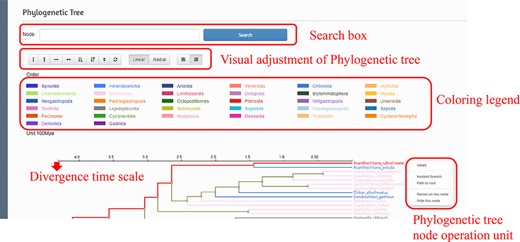 Phylogenetic tree interface and operation instructions.
