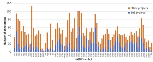 Annotation of proteins involved in transport at the BBB. The number of BBB-relevant annotations created for each of the transport priority proteins as part of the BBB-focused annotation project (BBB project), compared to the total number of annotations associated with these proteins. A BBB slim (Supplementary Table S5) was used to download potentially BBB-relevant annotations from QuickGO (11) (28 May 2021). All annotations are associated with these proteins and can be viewed online using the following link: https://tinyurl.com/y59y8e7c.