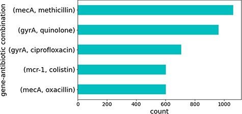 Top five gene identifiers and antibiotic combinations found in sentences.
