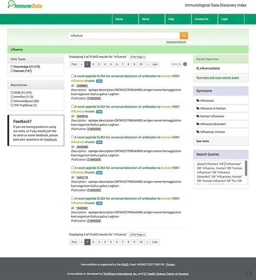 The result page of basic search using ‘influenza’ as the keyword.