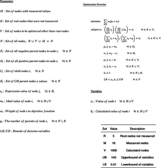 Optimization Model for inferring perturbation impact on pathway nodes. The top is the parameters available in the model, followed by the non-linear model itself and then by the fixed parameter values.