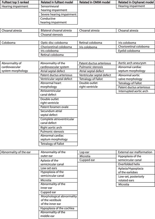Example of top-five ranked terms in the disease model for CHD7/CHARGE syndrome (left column). Clinically related terms in the remainder of the disease model (n = 540), OMIM model (n = 71) and Orphanet model (n = 82) shown.