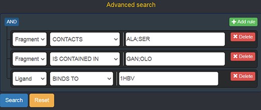 Advanced search panel, with some text fields populated as an example. The semantics of the query shown here is the following: “retrieve all of the Fragments which contact the amino acids ALA or SER, AND which are contained in the ligands with code GAN or OLO, AND whose containing Ligands bind to the protein identified by the PDB ID 1 HBV.