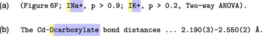 Two examples of entity recognition errors due to tokenization boundaries. Blue boxes represent gold standard entity annotations, and the yellow boxes highlight characters that cannot be disentangled from the true annotations due to tokenization. The first error (a) occurs in the document PMC 3 661 362, where Na+ and K+ are gold-standard entity mentions. However, the PubMedBERT tokenizer produces the tokens INa and IK, which makes it impossible to correctly predict Na+ and K+ using a token-level tagging schema. The ‘closest’ predictions would be INa+ and IK+, which would be incorrect according to strict evaluation. The second example (b) was extracted from PMC 2 952 795 containing a similar issue with the term Ocarboxylate, where Oc forms a single token.