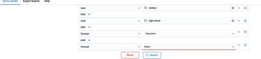 Screenshot of the Query Builder. Search terms can be added via drop-down lists.
